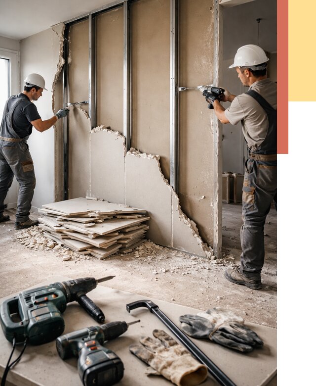 Демонтаж перегородки из гипсокартона в Вятских Полянах от 1218 руб. быстро и недорого | ОТДЕЛОЧНИК-Втс