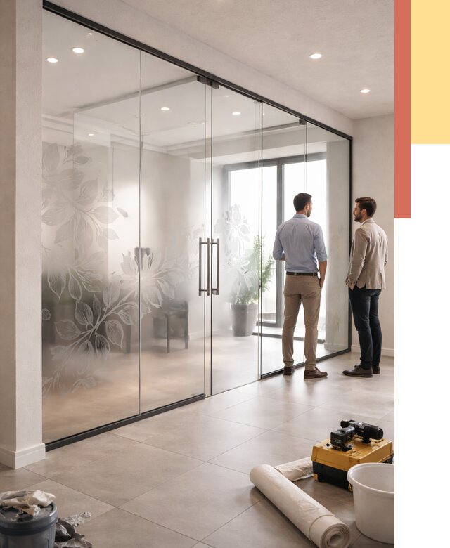 Стеклянные перегородки с рисунком в Вятских Полянах от 12688 руб. монтаж и нанесение | ОТДЕЛОЧНИК-Втс