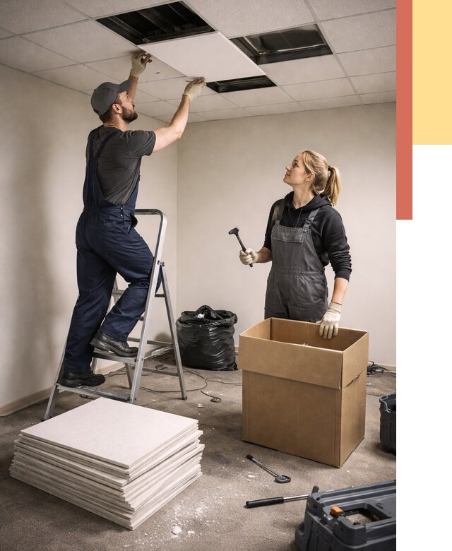 Демонтаж потолочной плитки в Вятских Полянах от 4568 руб. быстро и недорого | ОТДЕЛОЧНИК-Втс