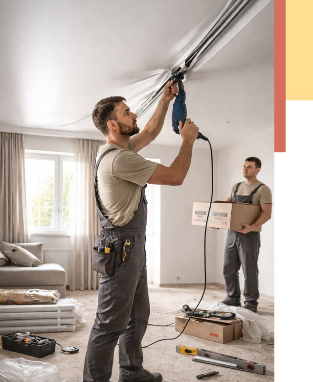 Монтаж сатинового натяжного потолка в Вятских Полянах от 3553 руб. | Быстро, недорого — ОТДЕЛОЧНИК-Втс