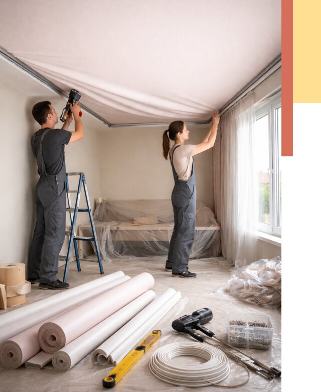 Монтаж цветного натяжного потолка в Вятских Полянах от 4263 руб/м² — быстро и недорого | ОТДЕЛОЧНИК-Втс