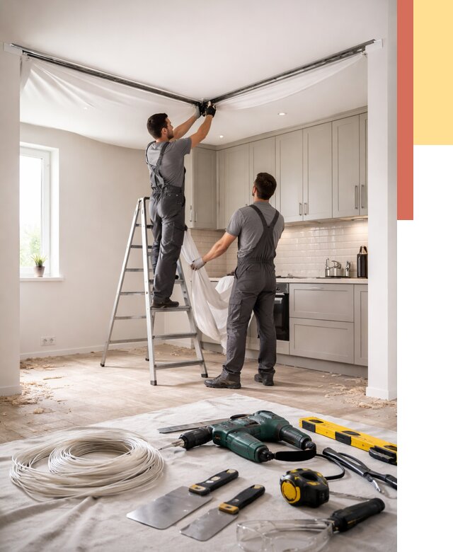 Установка натяжного потолка на кухне в Вятских Полянах от 2436 руб. | ОТДЕЛОЧНИК-Втс