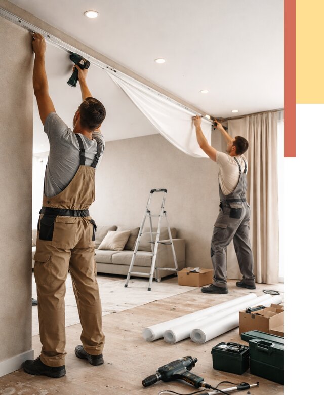 Монтаж натяжного потолка в гостиной в Вятских Полянах от 558 руб. | ОТДЕЛОЧНИК-Втс