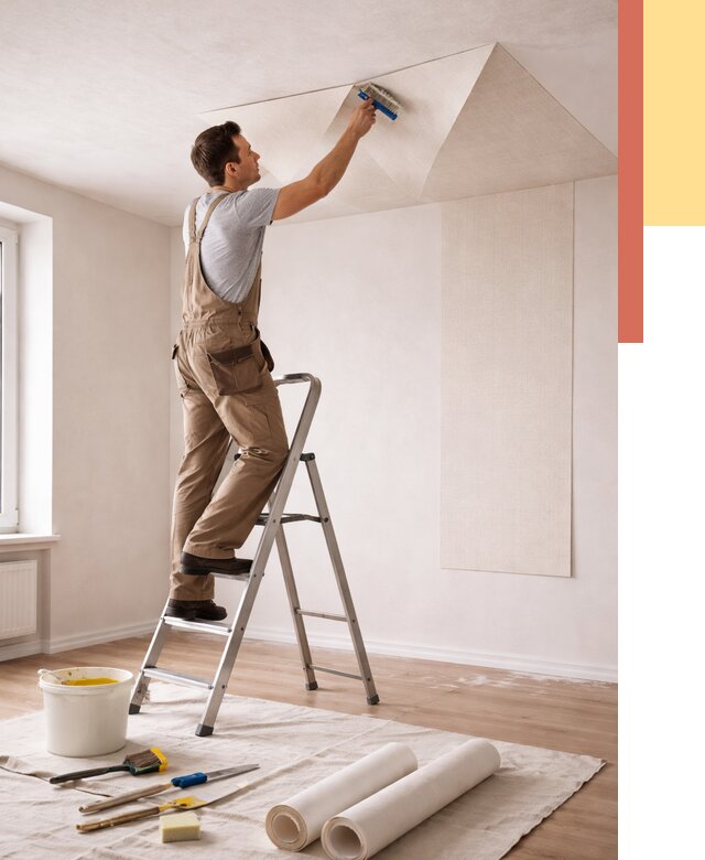 Поклейка обоев на потолок в Вятских Полянах от 4568 руб. быстро и недорого | ОТДЕЛОЧНИК-Втс